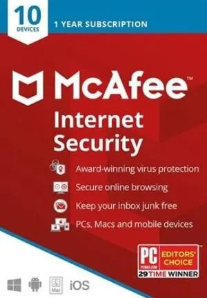 McAfee Internet Security 10 Dispositivos 1 Año | Licencia Original Digital para Windows, Mac, Android y iOS